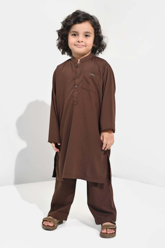 Boys Poly Viscose Kurta Pajama (Front PKT)-BROWN