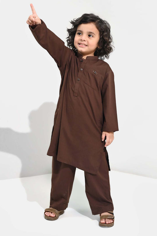 Boys Poly Viscose Kurta Pajama (Front PKT)-BROWN