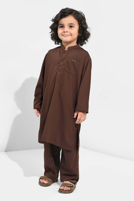 Boys Poly Viscose Kurta Pajama (Front PKT)-BROWN