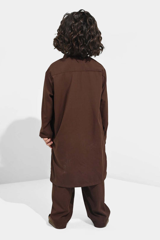 Boys Poly Viscose Kurta Pajama (Front PKT)-BROWN
