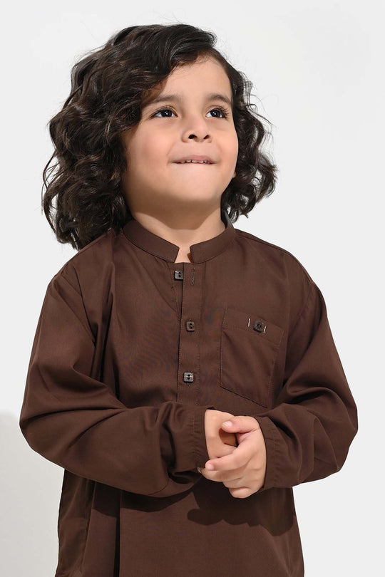 Boys Poly Viscose Kurta Pajama (Front PKT)-BROWN