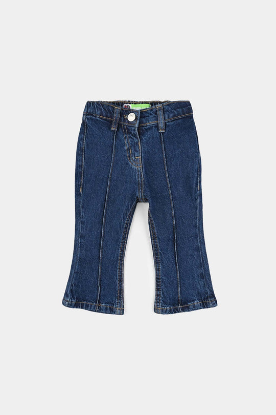Infant Girls Denim Stretch Pant Plated Flared Style - DARK BLUE