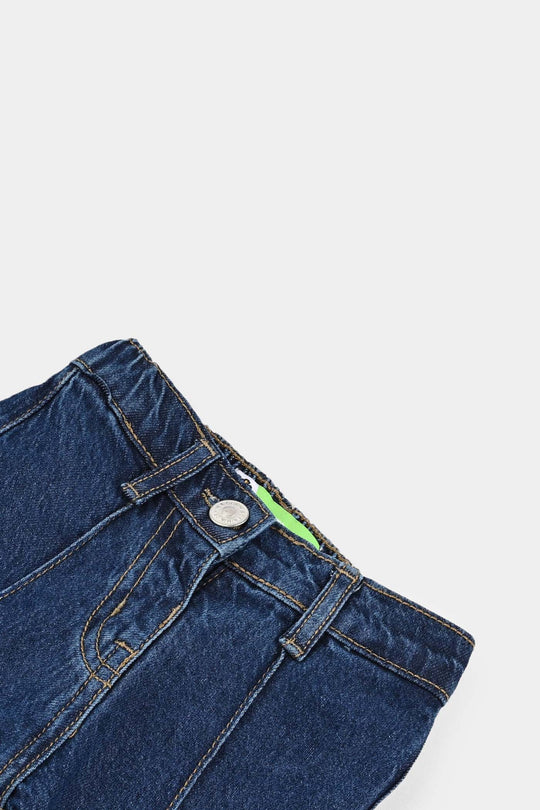 Infant Girls Denim Stretch Pant Plated Flared Style - DARK BLUE