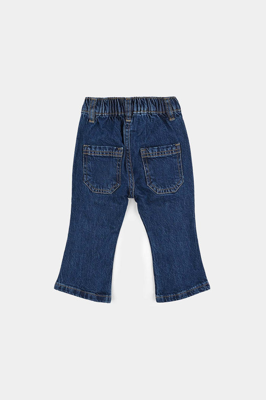 Infant Girls Denim Stretch Pant Plated Flared Style - DARK BLUE