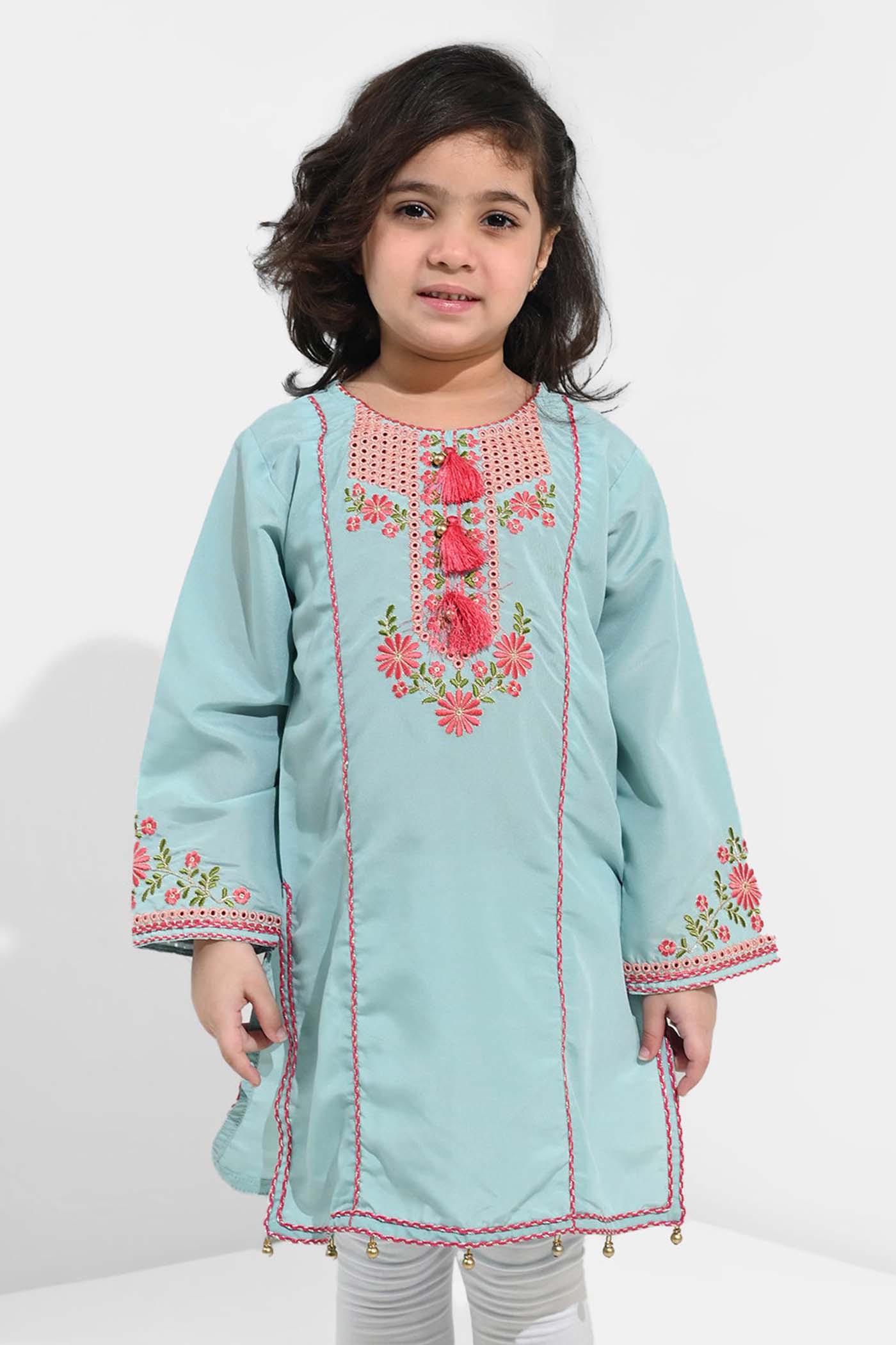 Girls poly cambric Emb Kurti Aqs-E-Bahar-Mint Green