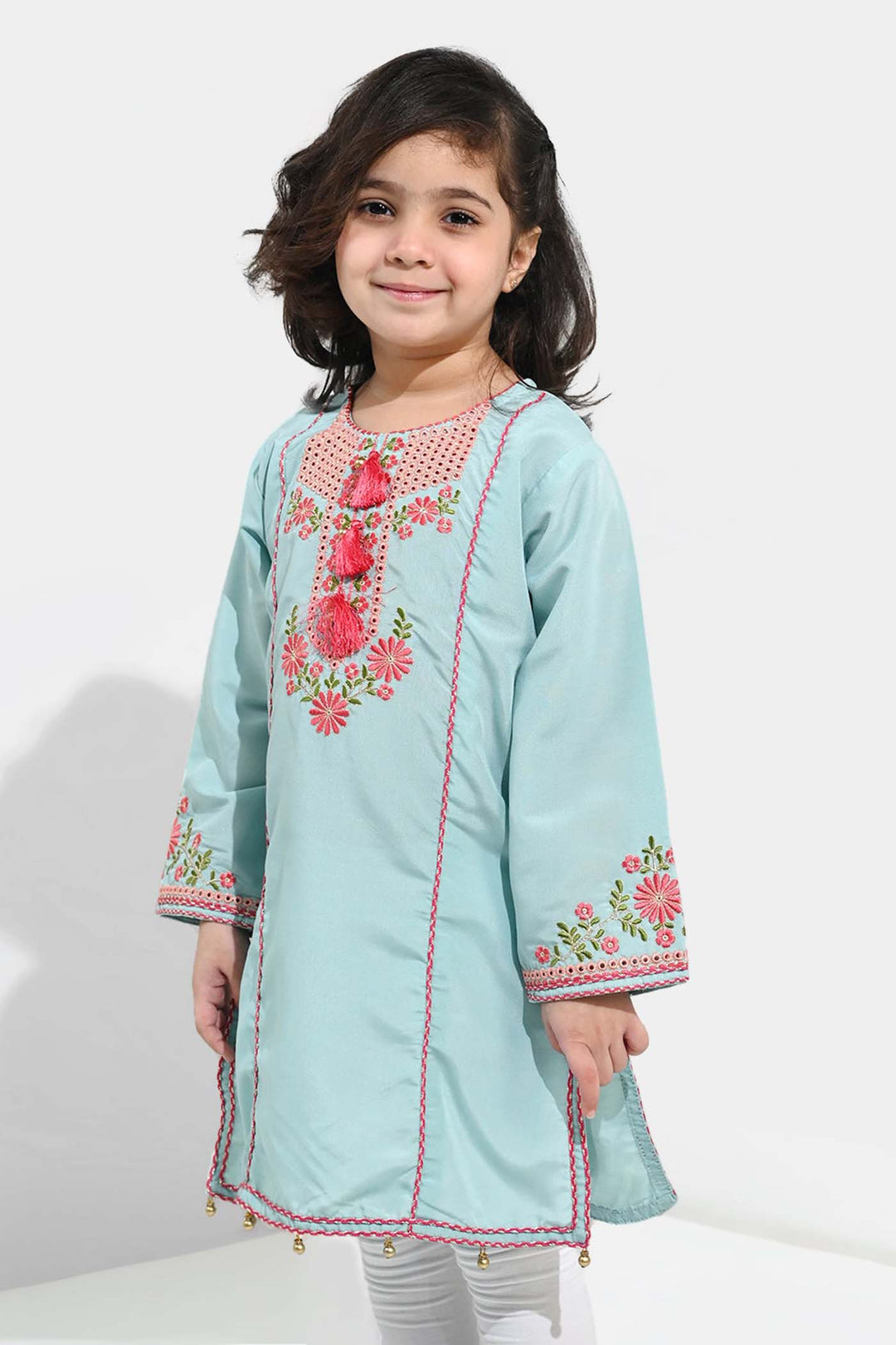Girls poly cambric Emb Kurti Aqs-E-Bahar-Mint Green