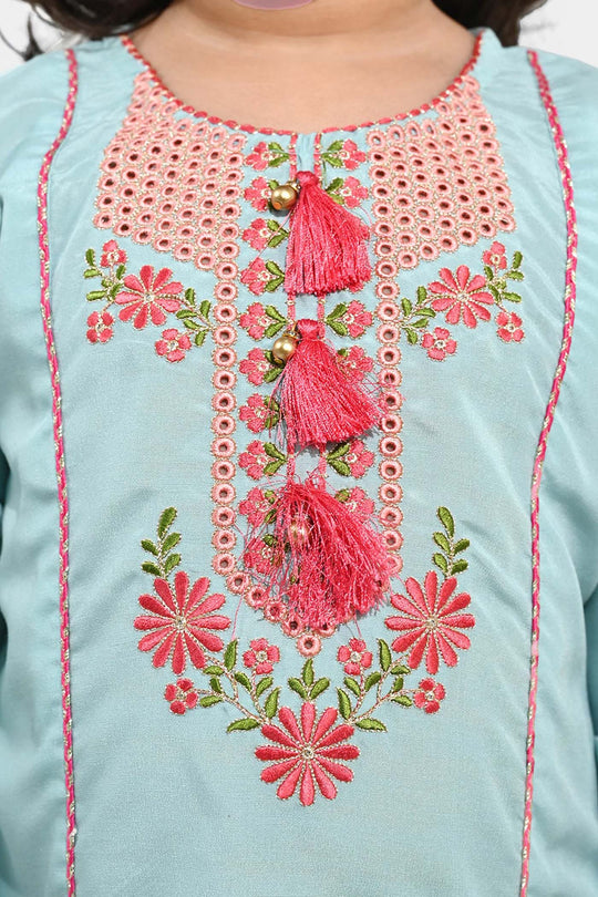 Girls poly cambric Emb Kurti Aqs-E-Bahar-Mint Green