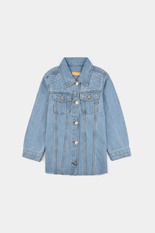 Girls Denim Stretch Woven Jacket Pearls-Light Blue