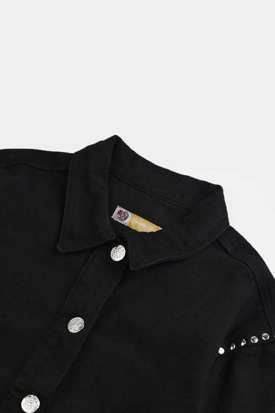 Girls Denim Stretch Woven Jacket Studs-BLACK
