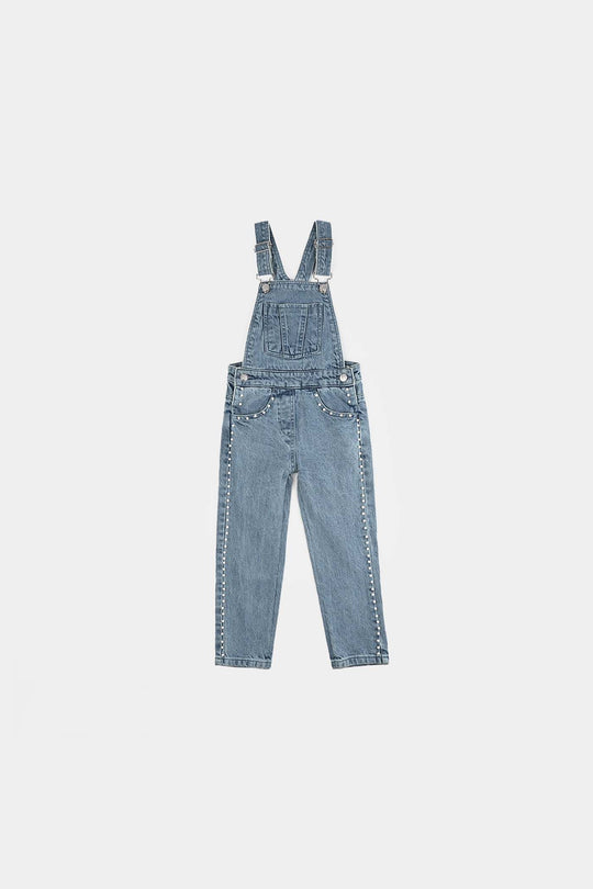 Girls Denim Stretch Dangri Pearls-Light Blue