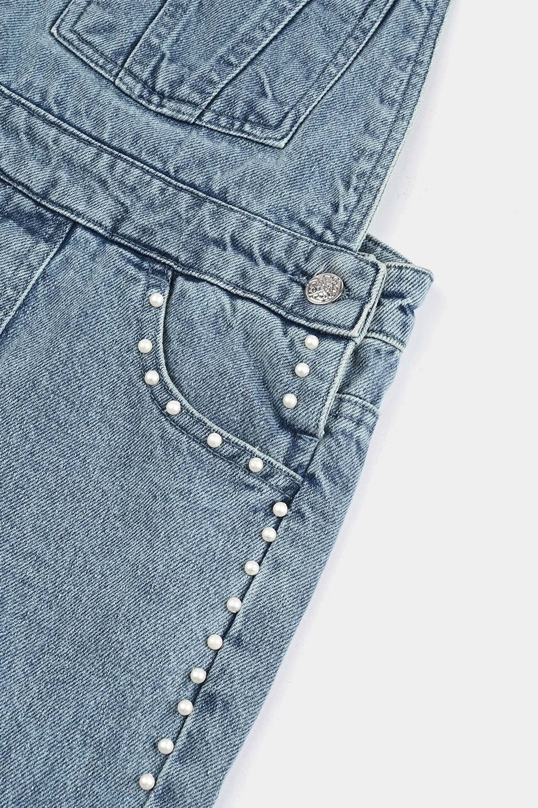 Girls Denim Stretch Dangri Pearls-Light Blue