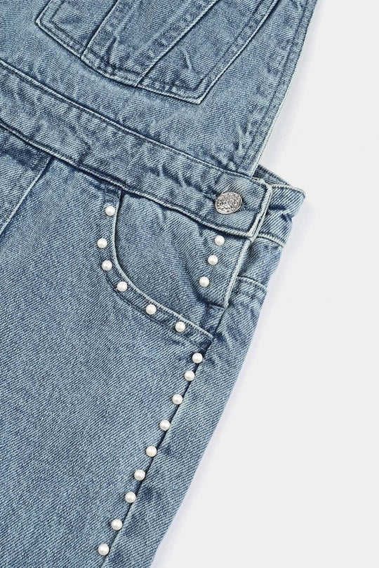 Girls Denim Stretch Dangri Pearls-Light Blue