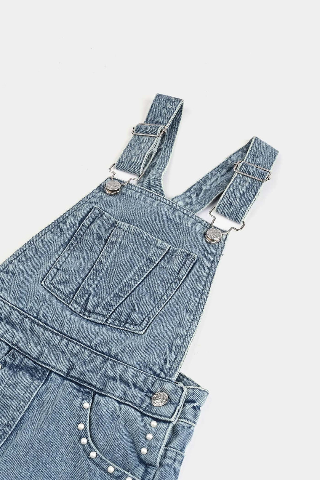 Girls Denim Stretch Dangri Pearls-Light Blue