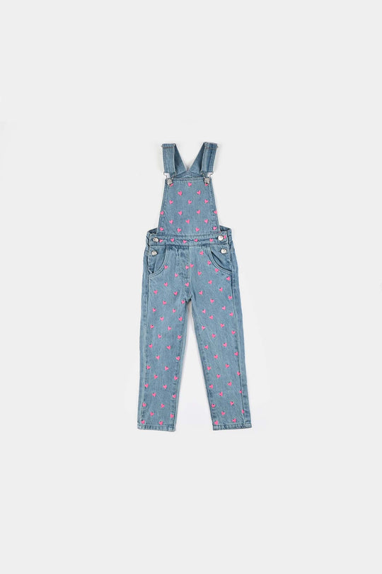 Girls Denim Stretch Dangri Hearts-BLUE