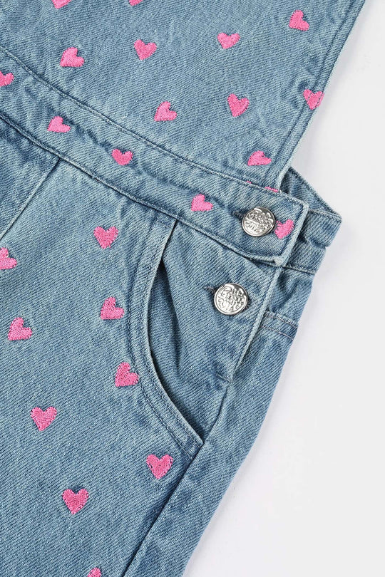Girls Denim Stretch Dangri Hearts-BLUE
