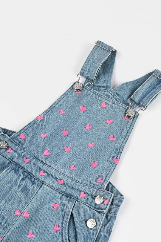 Girls Denim Stretch Dangri Hearts-BLUE