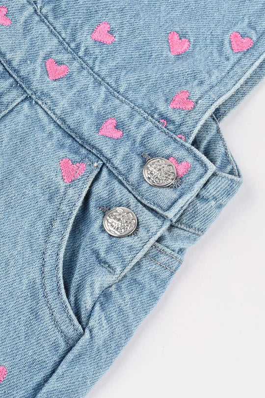 Infant Girls Denim Stretch Dangri Hearts-BLUE