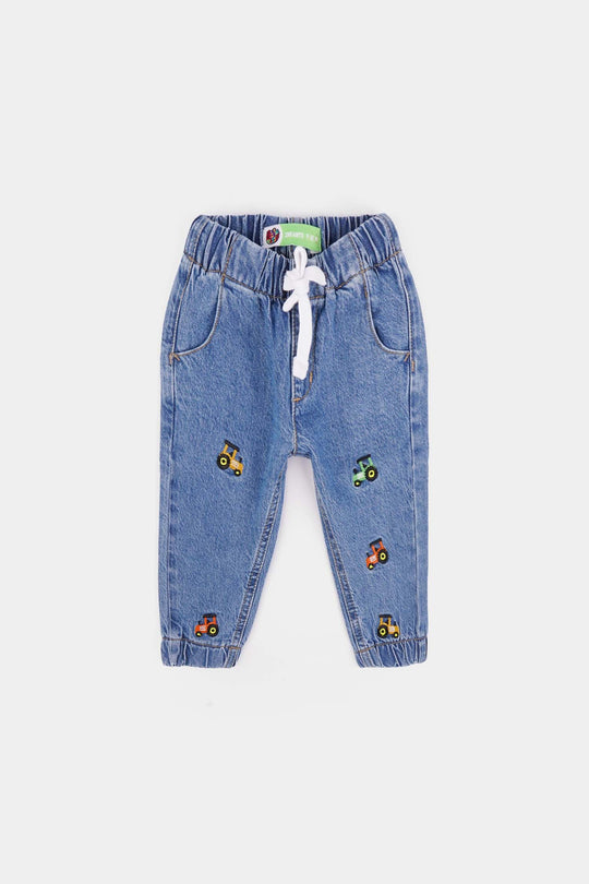 Infant Boys Denim Stretch Pant Trucks-Mid Blue