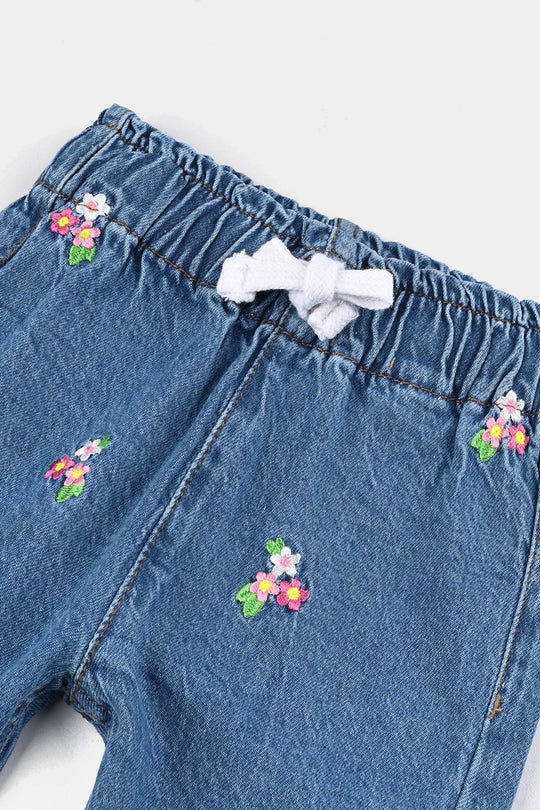 Infant Girls Denim Stretch Pant Allover Flower-Light Blue
