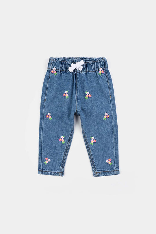 Infant Girls Denim Stretch Pant Allover Flower-Light Blue