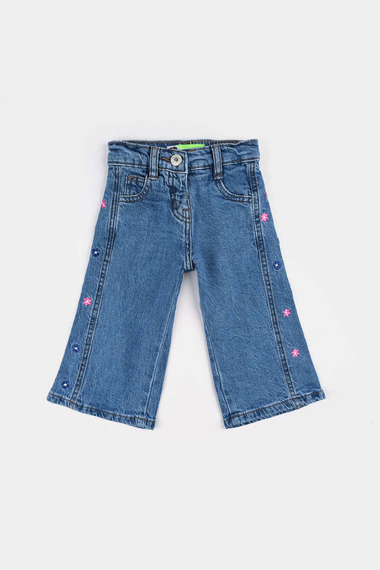 Infant Girls Denim Stretch Pants Flower - Light Blue