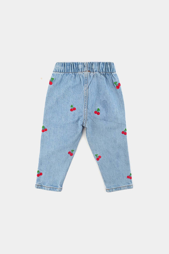 Infant Girls Denim Stretch Pant Cherry Emb-Light .Blue