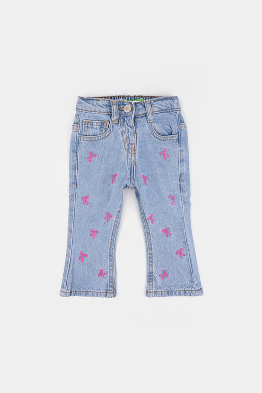 Infant Girls Denim Stretch Pant All Over Bow-Mid Blue