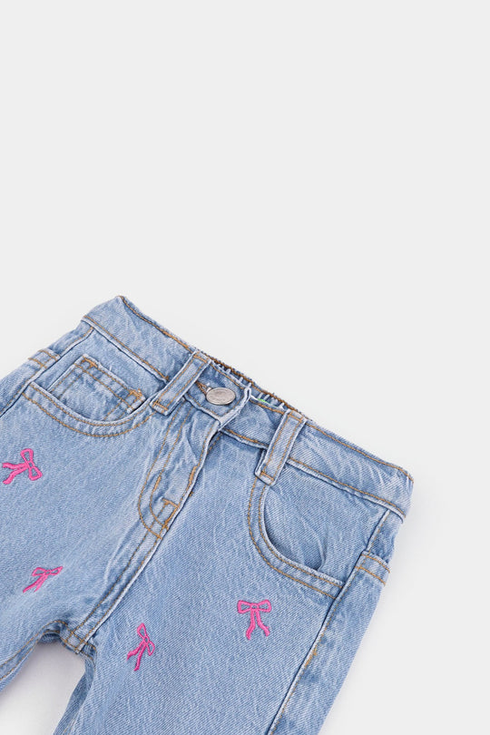 Infant Girls Denim Stretch Pant All Over Bow-Mid Blue