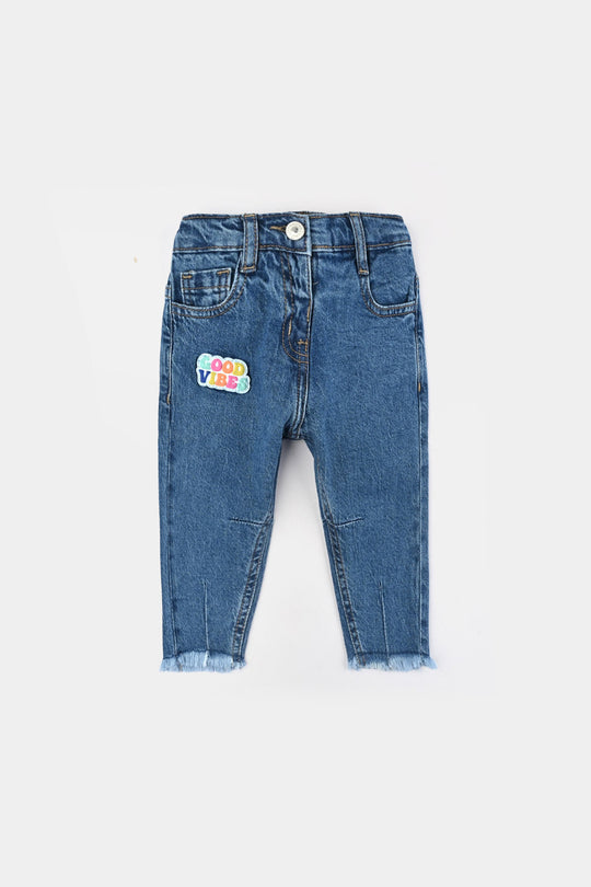 Infant Girls Denim Stretch Pant Good Wibes-Mid Blue