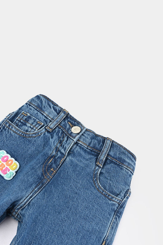 Infant Girls Denim Stretch Pant Good Wibes-Mid Blue