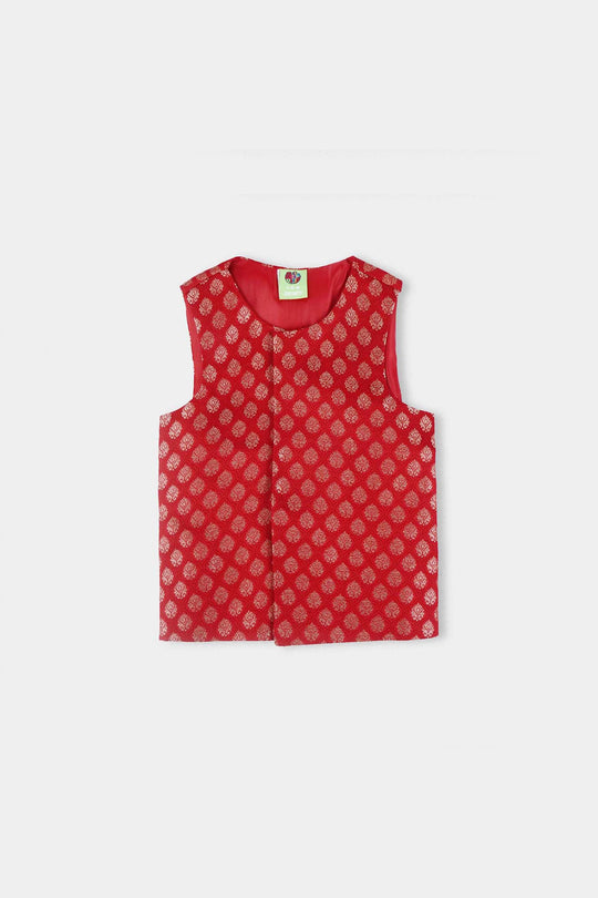 Infant Boys Poly Viscose Waist Coat (Golden Lurex)-RED
