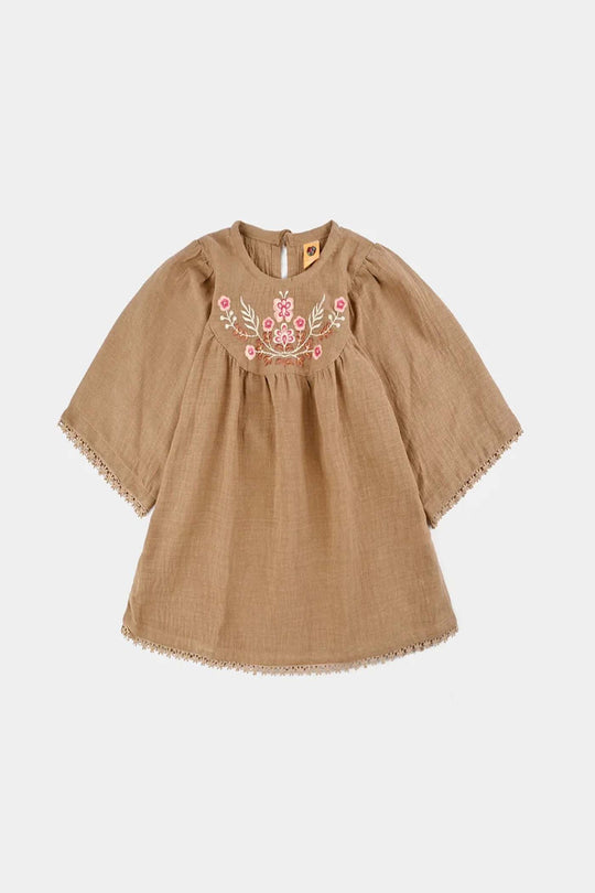 Girls Cotton Emb Top Pink Butter Fly-Sand