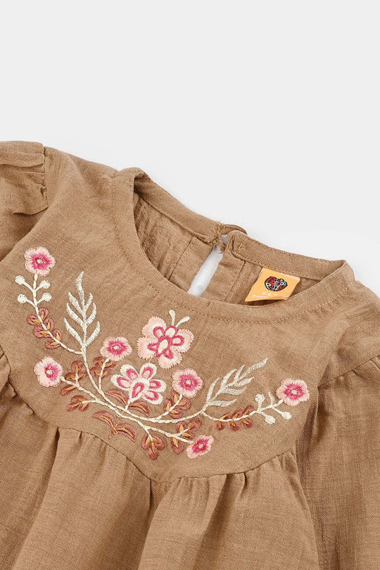 Girls Cotton Emb Top Pink Butter Fly-Sand