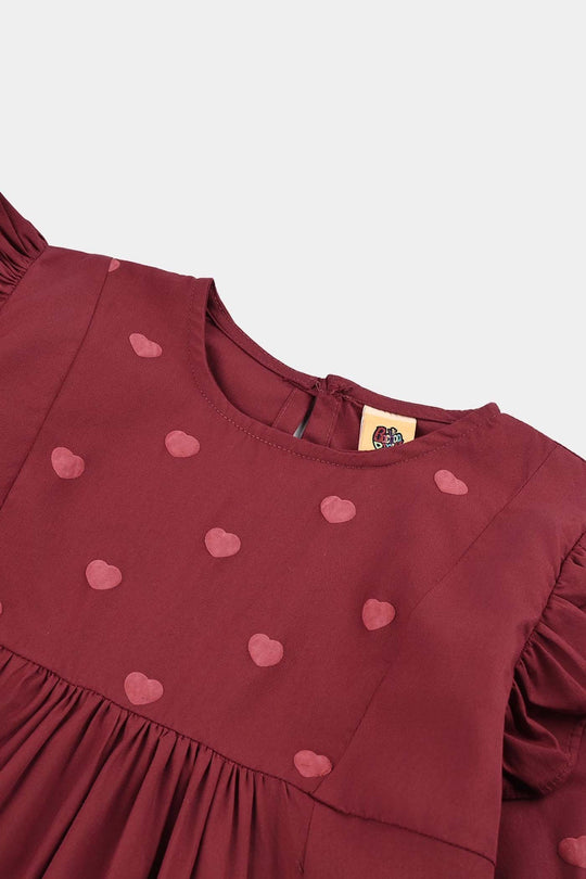 Girls Cotton Top Puffy Hearts-MAROON