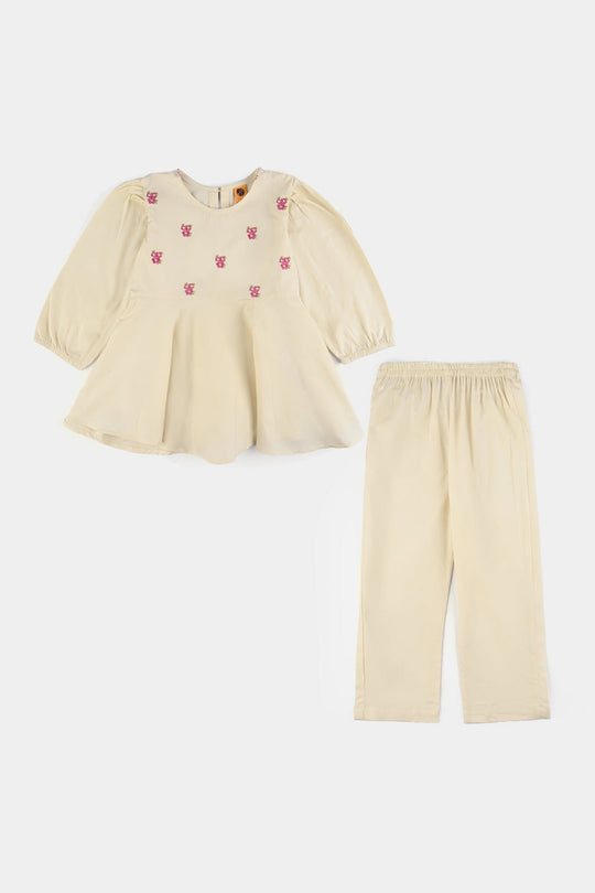 Girls Cotton Emb Co-Set White Swan-White