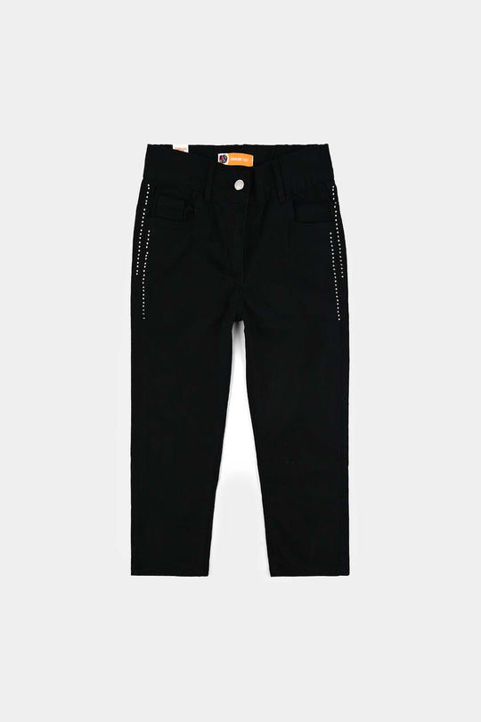 Girls Cotton Twill Pant Pearl Lines-BLACK