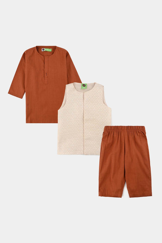 Infant Boys Cotton Slub 3Piece Suit (Bombay Brown)-Rust