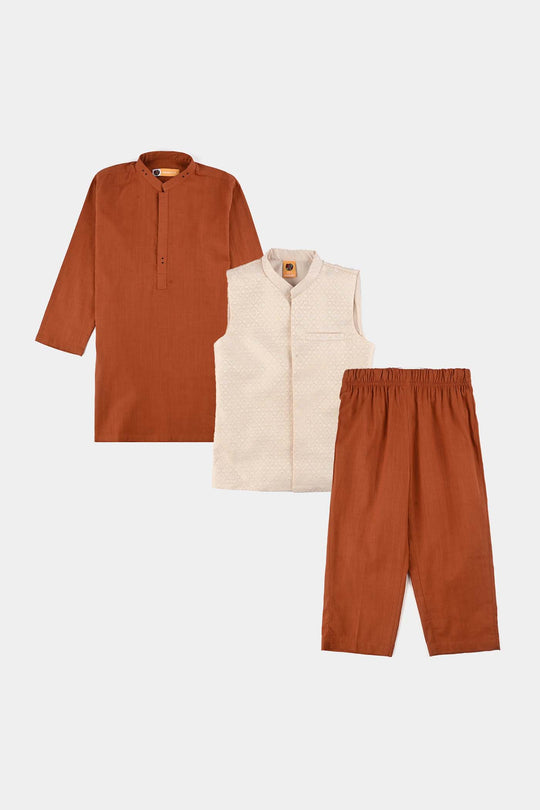 Boys Cotton Slub 3Piece Suit (Bombay Brown)-Rust