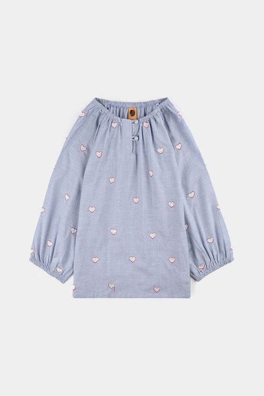 Girls Cotton Emb Top Blue Scalloped-Blue