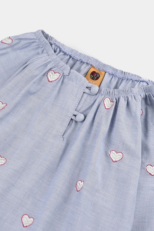 Girls Cotton Emb Top Blue Scalloped-Blue