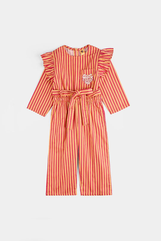 Girls Cotton Poplin Emb Jumpsuit Stripes-Multi