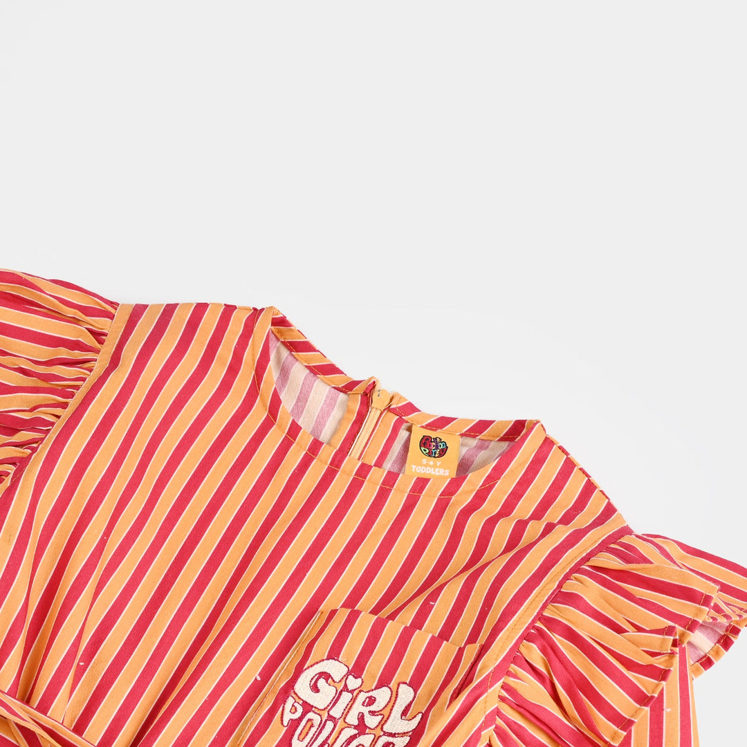 Girls Cotton Poplin Emb Jumpsuit Stripes-Multi