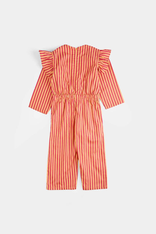Girls Cotton Poplin Emb Jumpsuit Stripes-Multi