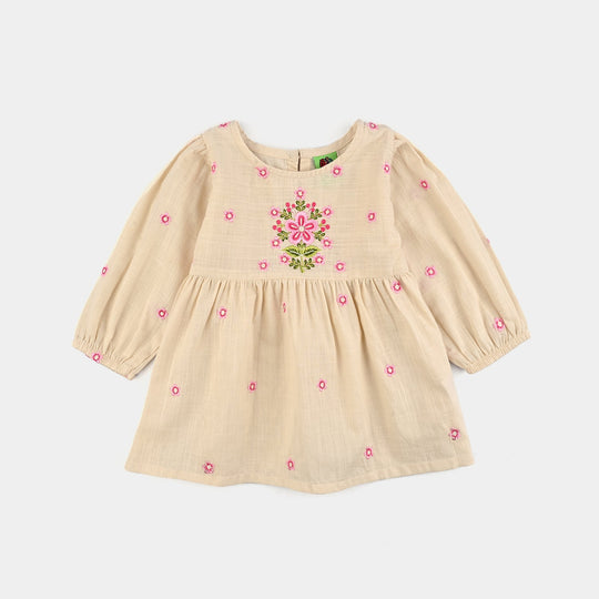 Infant Girls Cotton Slub Emb Top Pink Flower-Off White