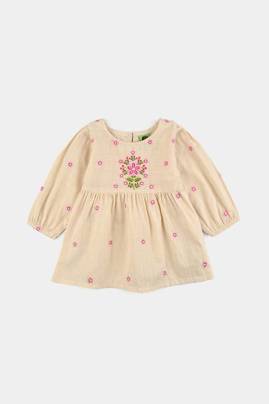 Infant Girls Cotton Slub Emb Top Pink Flower-Off White