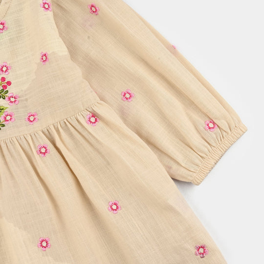 Infant Girls Cotton Slub Emb Top Pink Flower-Off White