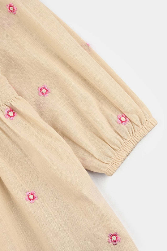 Infant Girls Cotton Slub Emb Top Pink Flower-Off White