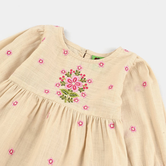 Infant Girls Cotton Slub Emb Top Pink Flower-Off White