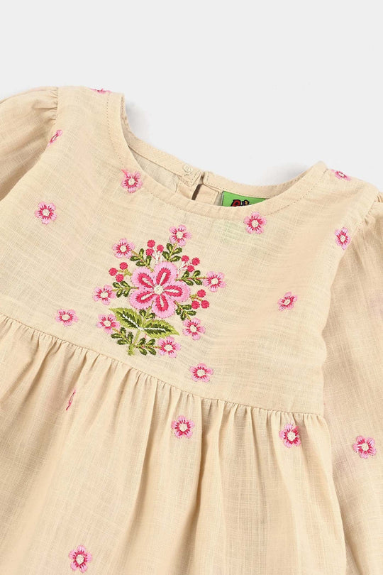 Infant Girls Cotton Slub Emb Top Pink Flower-Off White