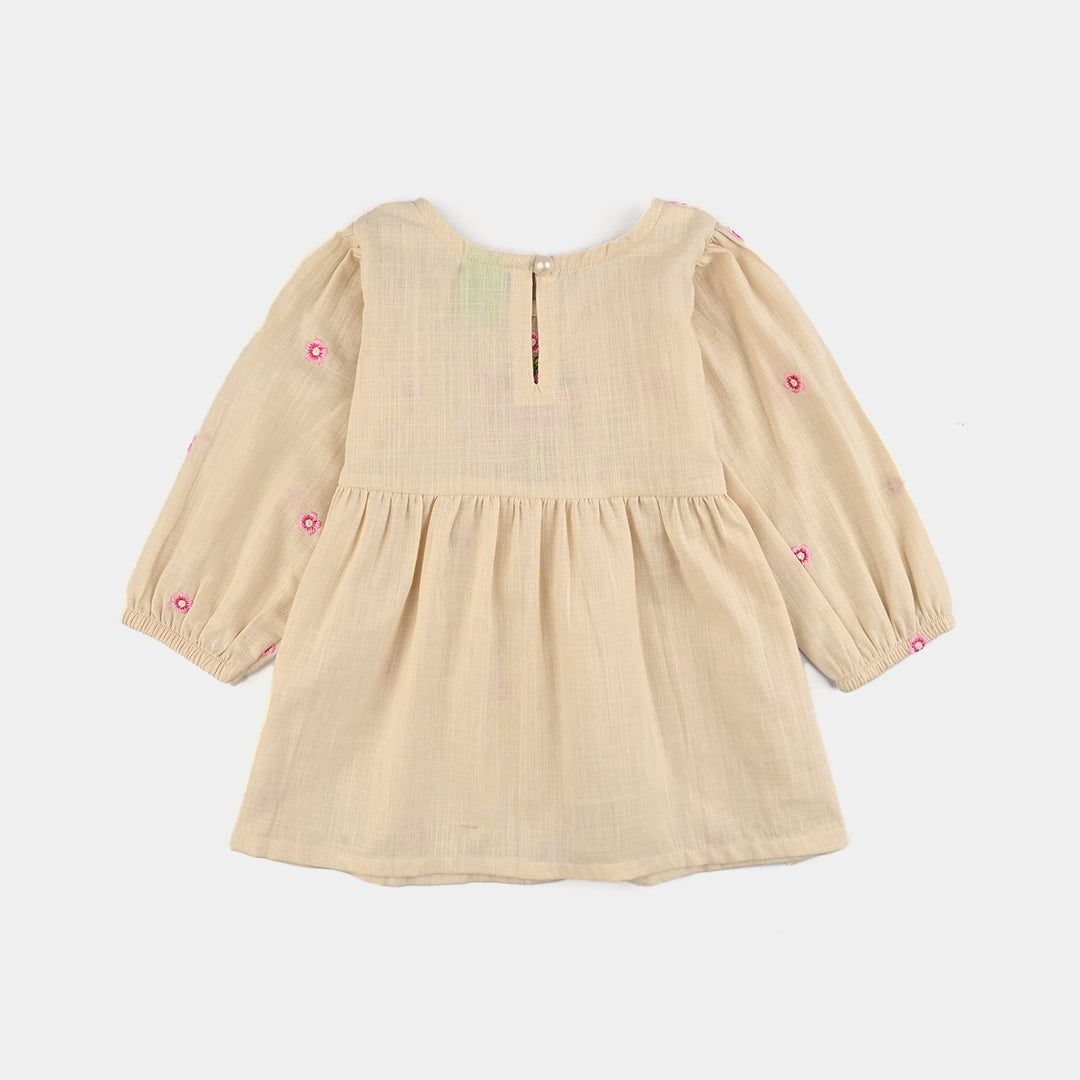 Infant Girls Cotton Slub Emb Top Pink Flower-Off White